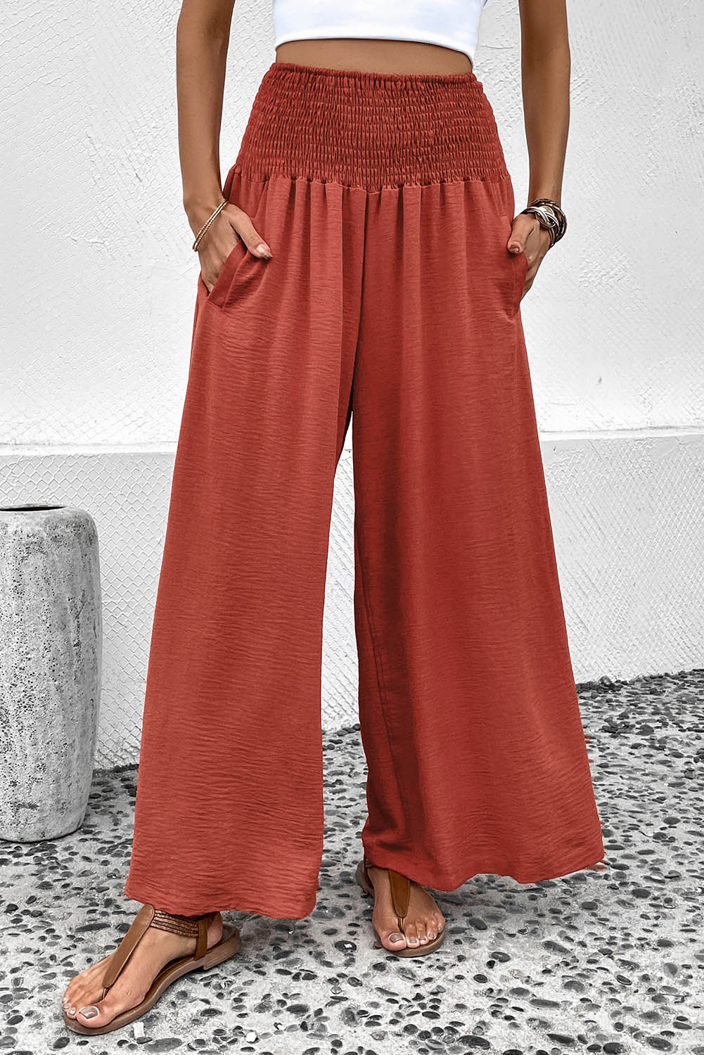 Black Smocked Pockets High Waisted Beach Pants