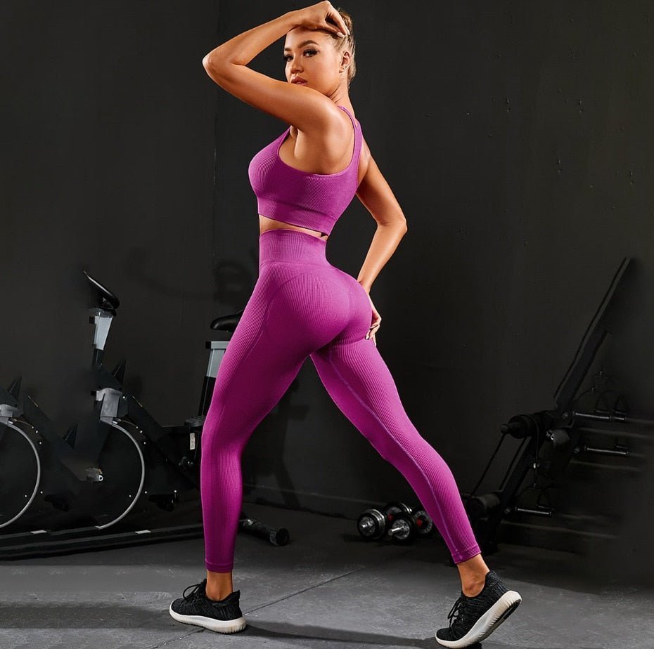 2 Pieces Workout Set Yoga Outfit Ribbed Seamless Crop Tank High Waist Yoga Leggings - 888kiko