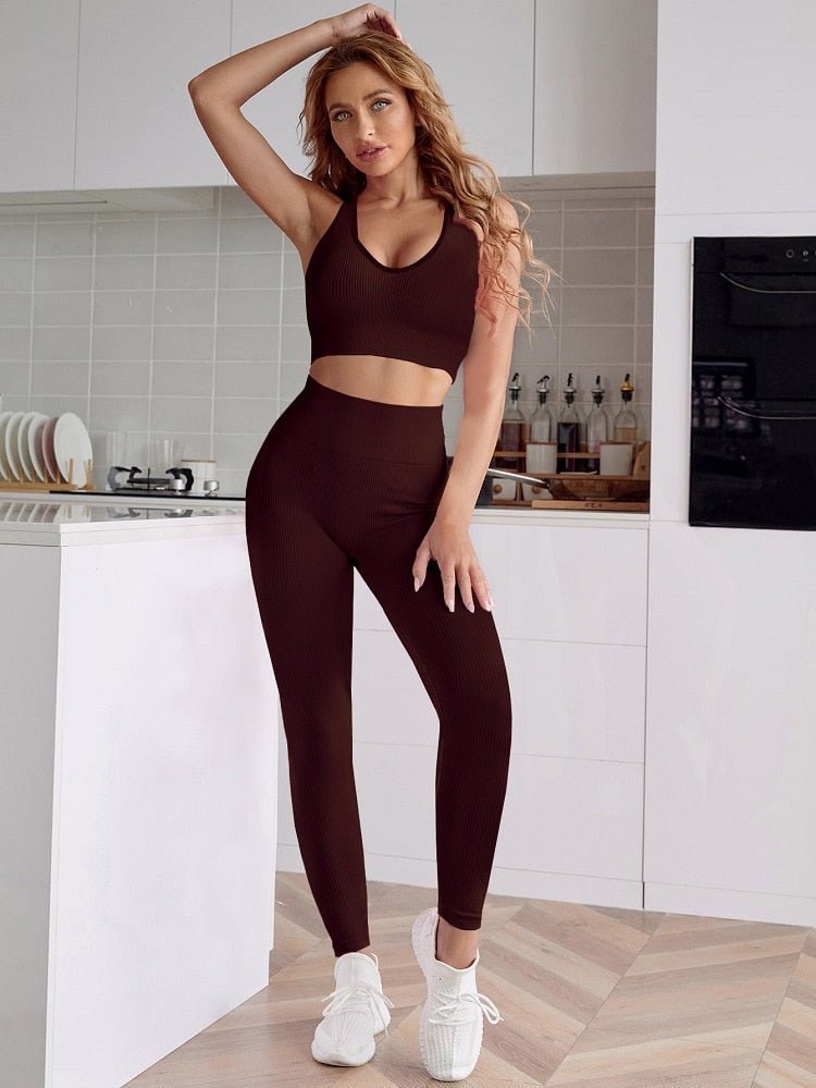 2 Pieces Workout Set Yoga Outfit Ribbed Seamless Crop Tank High Waist Yoga Leggings - 888kiko