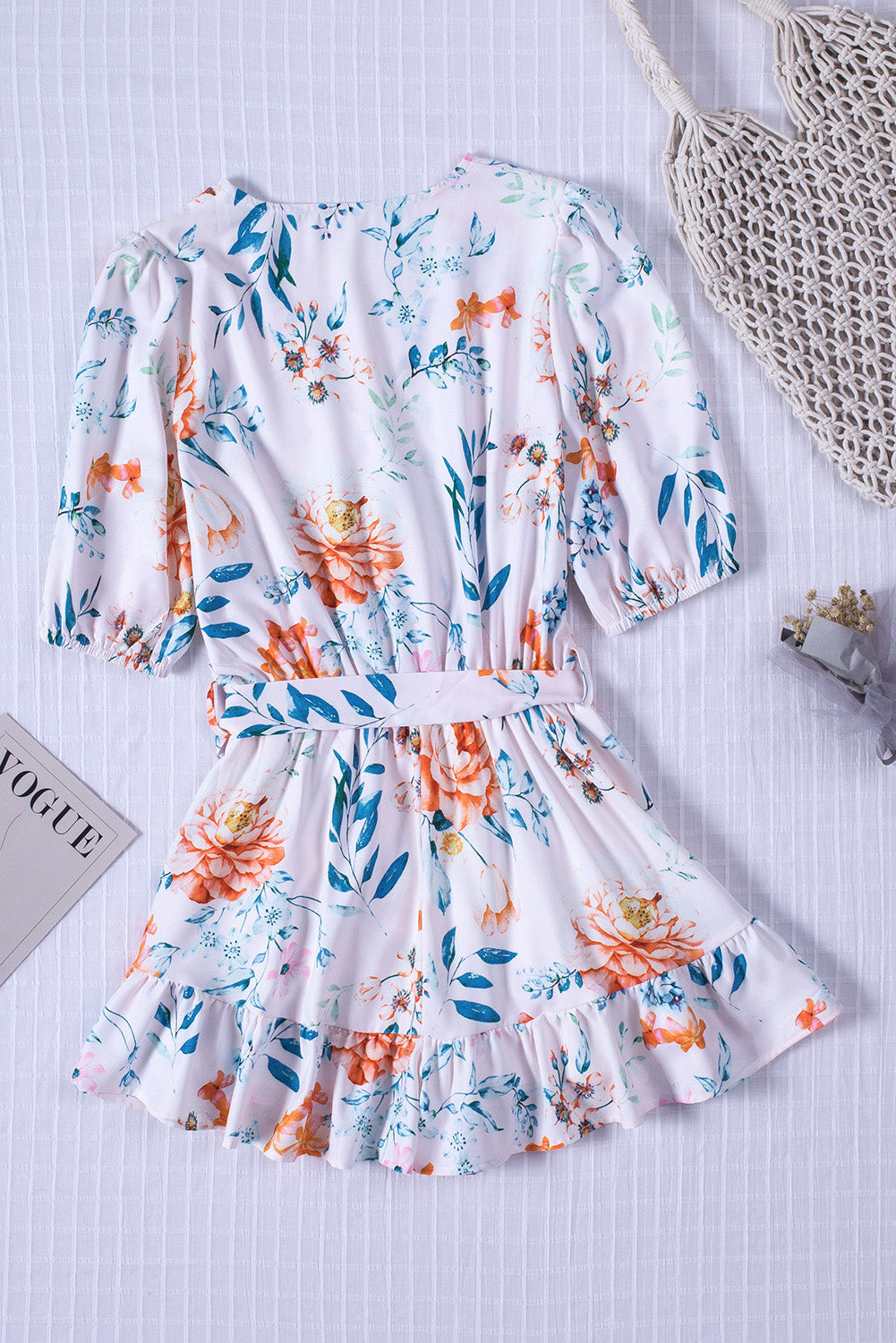 White Floral Print Puff Sleeves Belted Romper