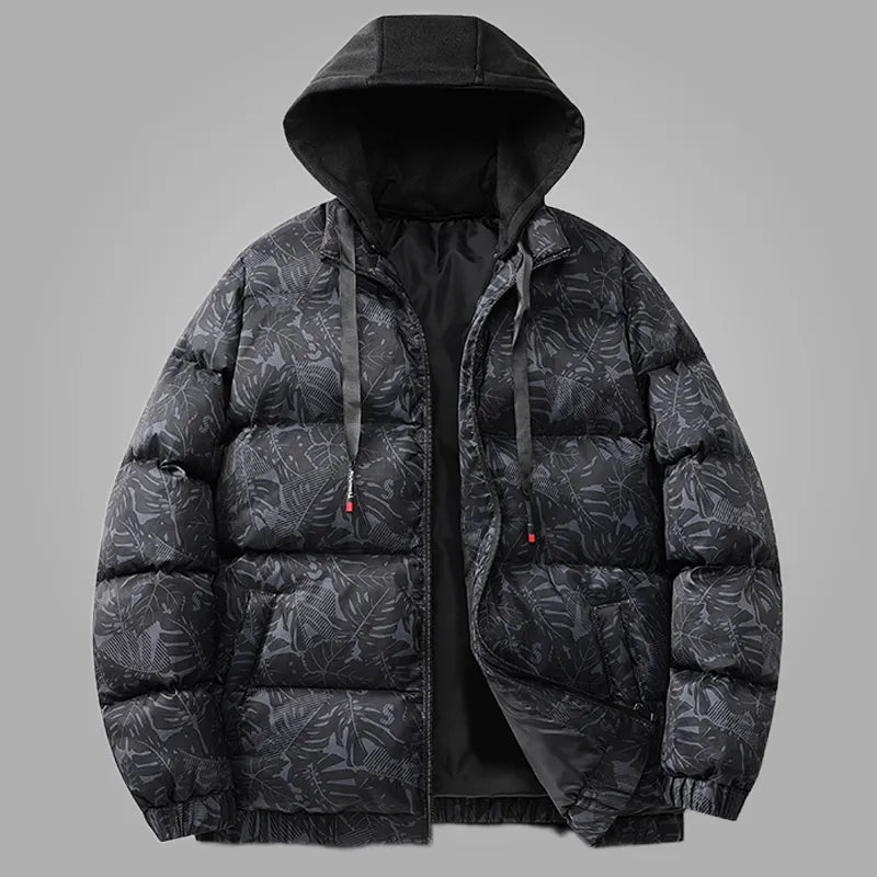 2023 New Leaf Print Parkas Coat for Men Windproof Warm Winter Jacket Men Outerwear Casual Hooded Thicken Parkas Men Windbreakers - 888kiko