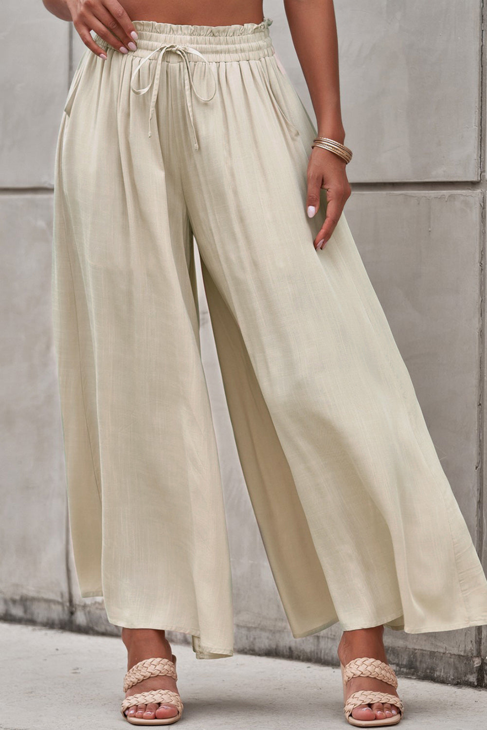 Gray Drawstring Smocked High Waist Wide Leg Pants