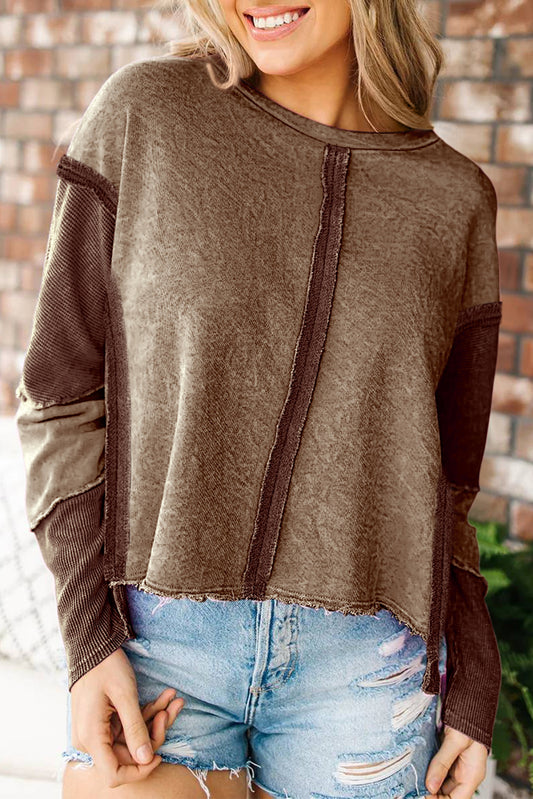 Desert Palm Patchwork Long Sleeve Distress Pullover Sweatshirt