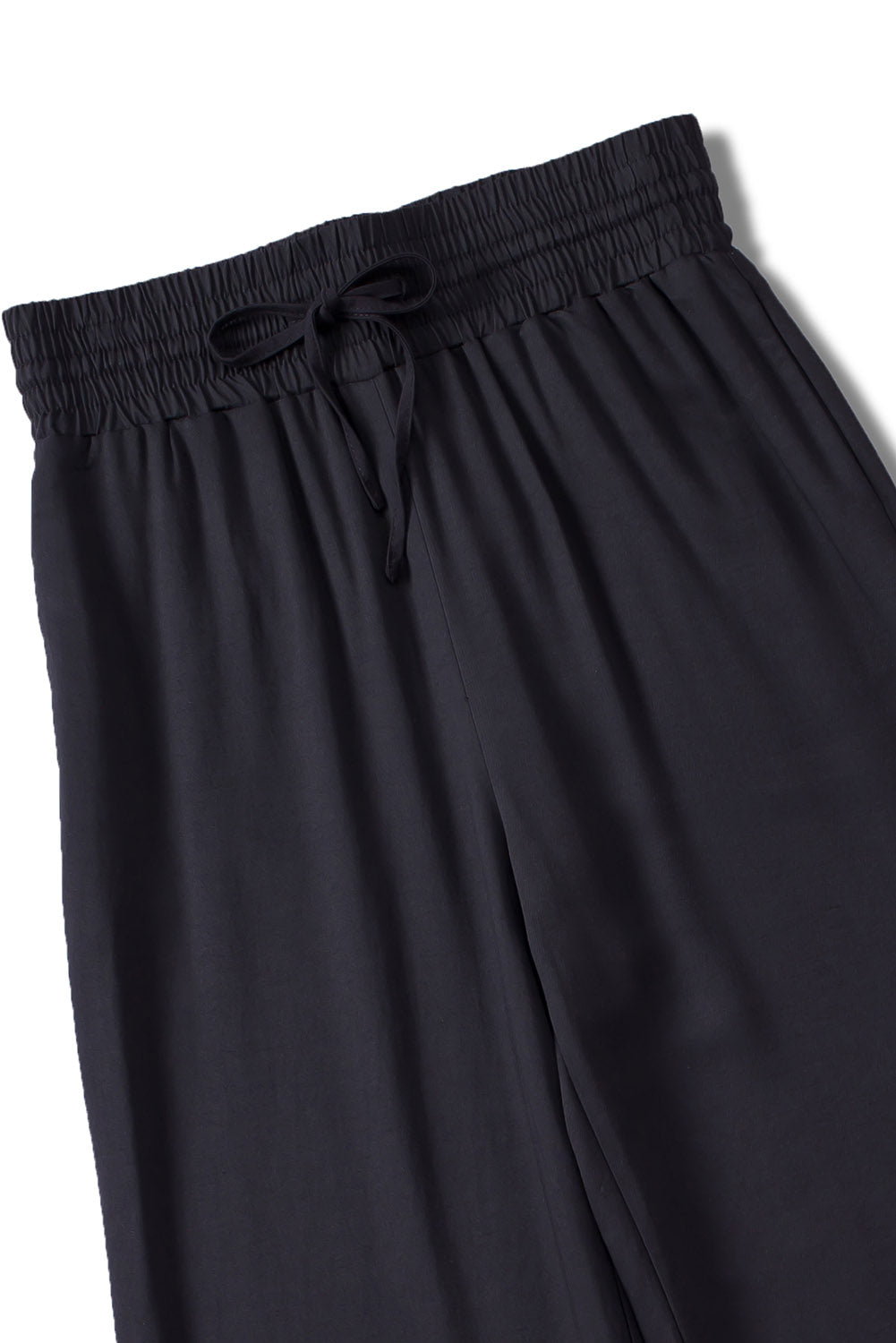 Black Plain Drawstring Shirred Elastic Waist Wide Leg Pants