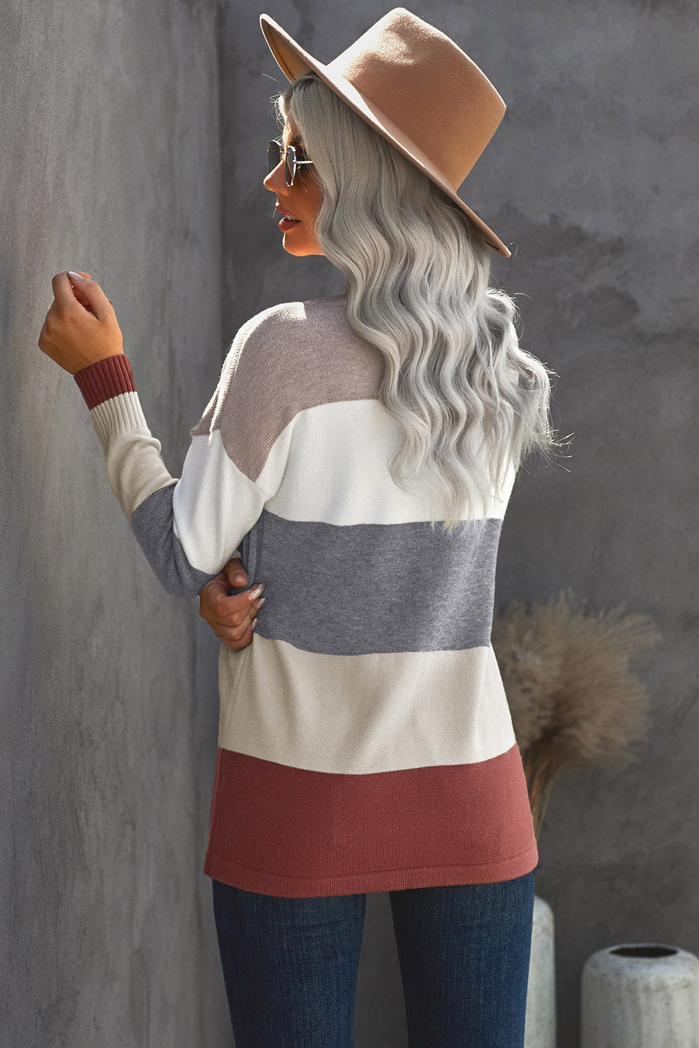 Grey & White Colorblock Casual Pockets Knit Sweater