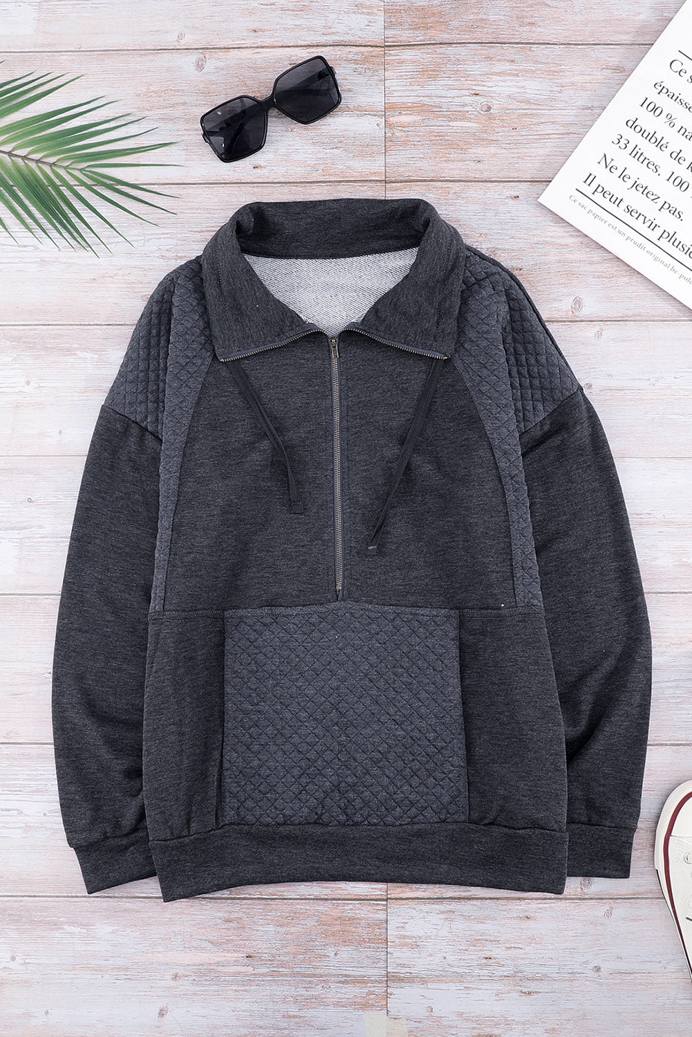 Dark Grey Quilted Kangaroo Pocket Half Zip Sweatshirt