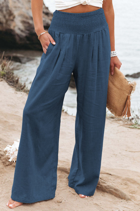 Gray Smocked Wide Waistband High Waist Wide Leg Pants