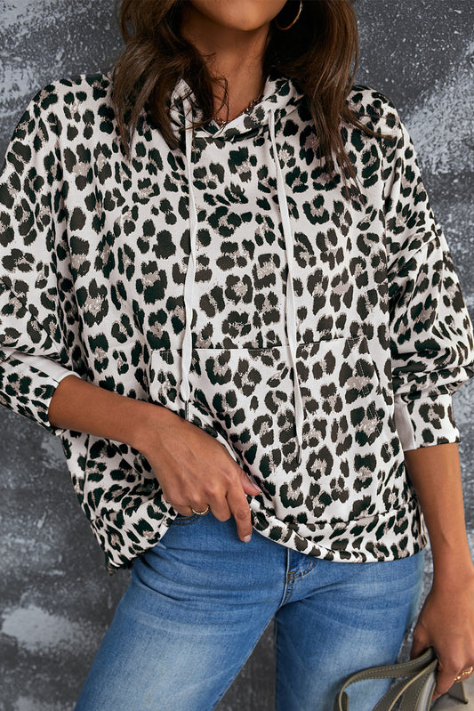 Leopard Print Kangaroo Pocket Long Sleeve Pullover Hoodie