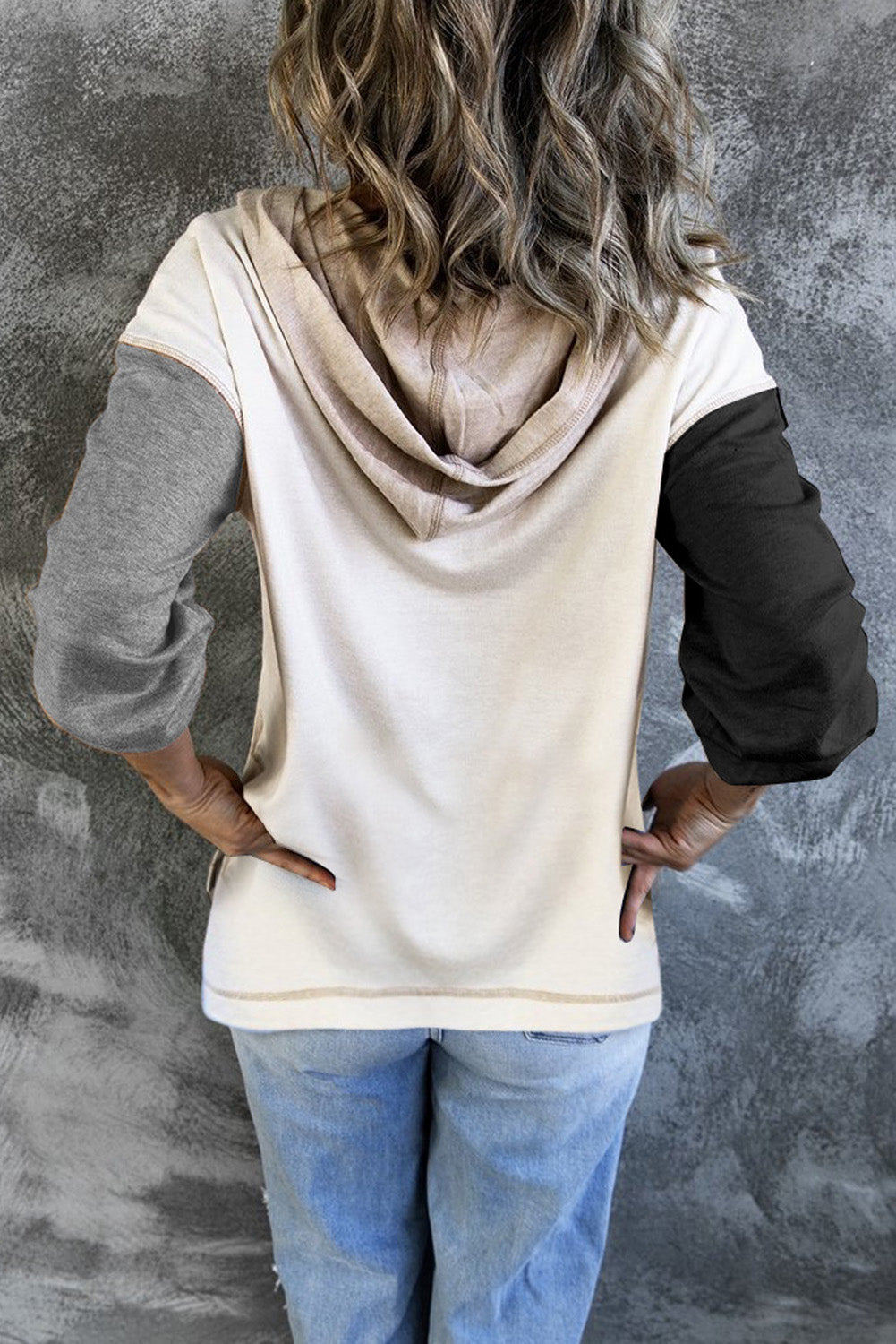 Gray Casual Colorblock V Neck Long Sleeve Hoodie