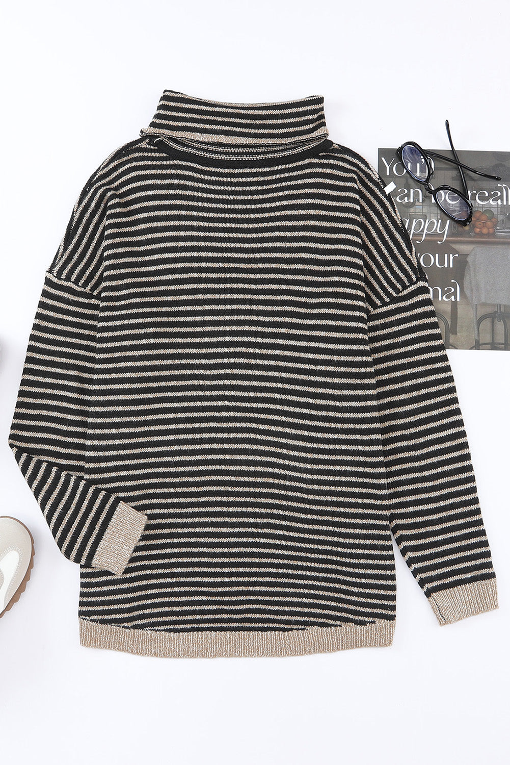 Khaki Striped Turtleneck Oversized Sweater