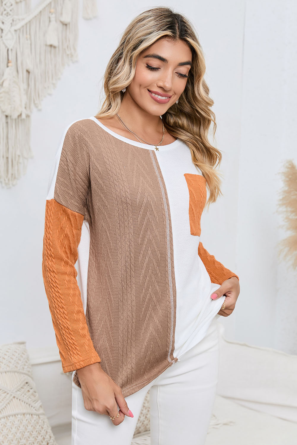 Peach Blossom Long Sleeve Patchwork Pocket Textured Knit Top