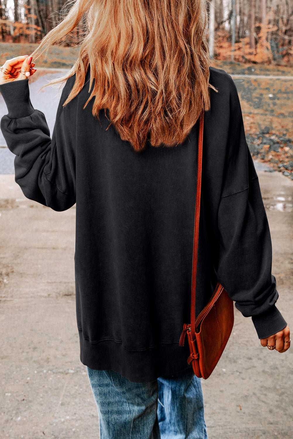 Black Slogan Print Side Split Oversized Graphic Sweatshirt