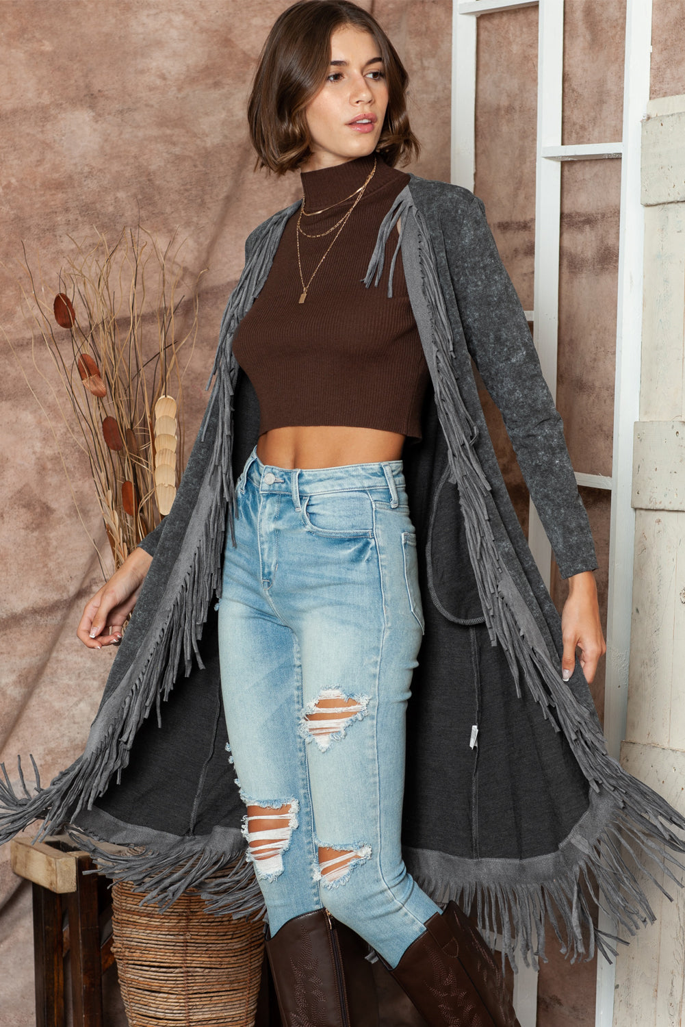 Black Mineral Washed Tassel Open Front Long Cardigan