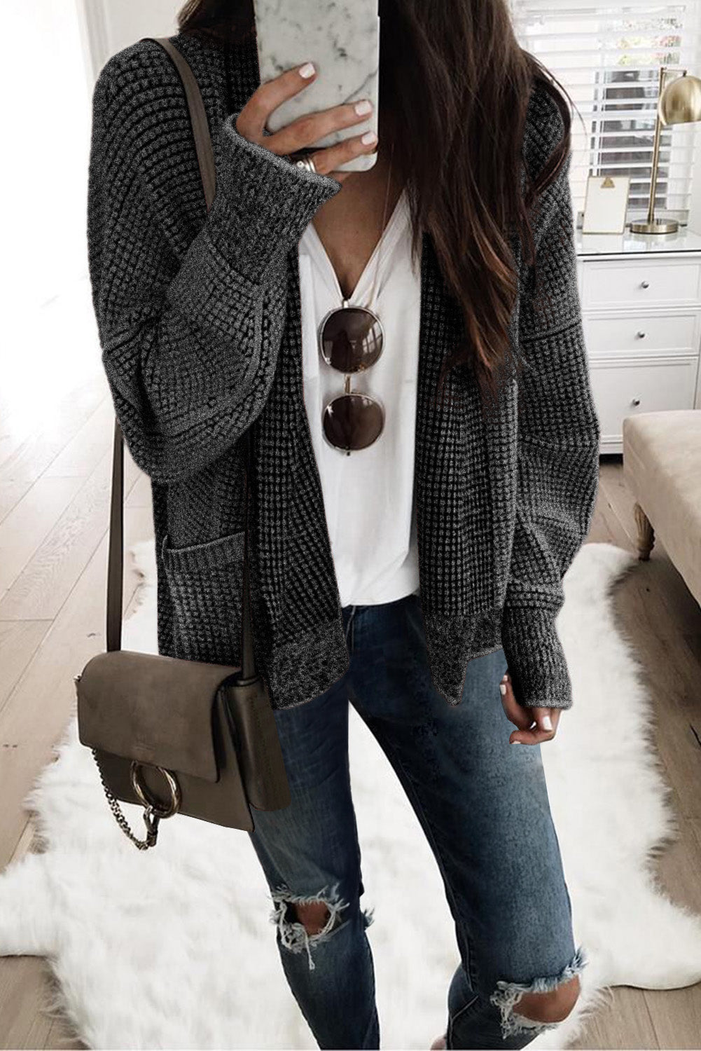 Black Chunky Knit Pockets Drop Sleeve Cardigan