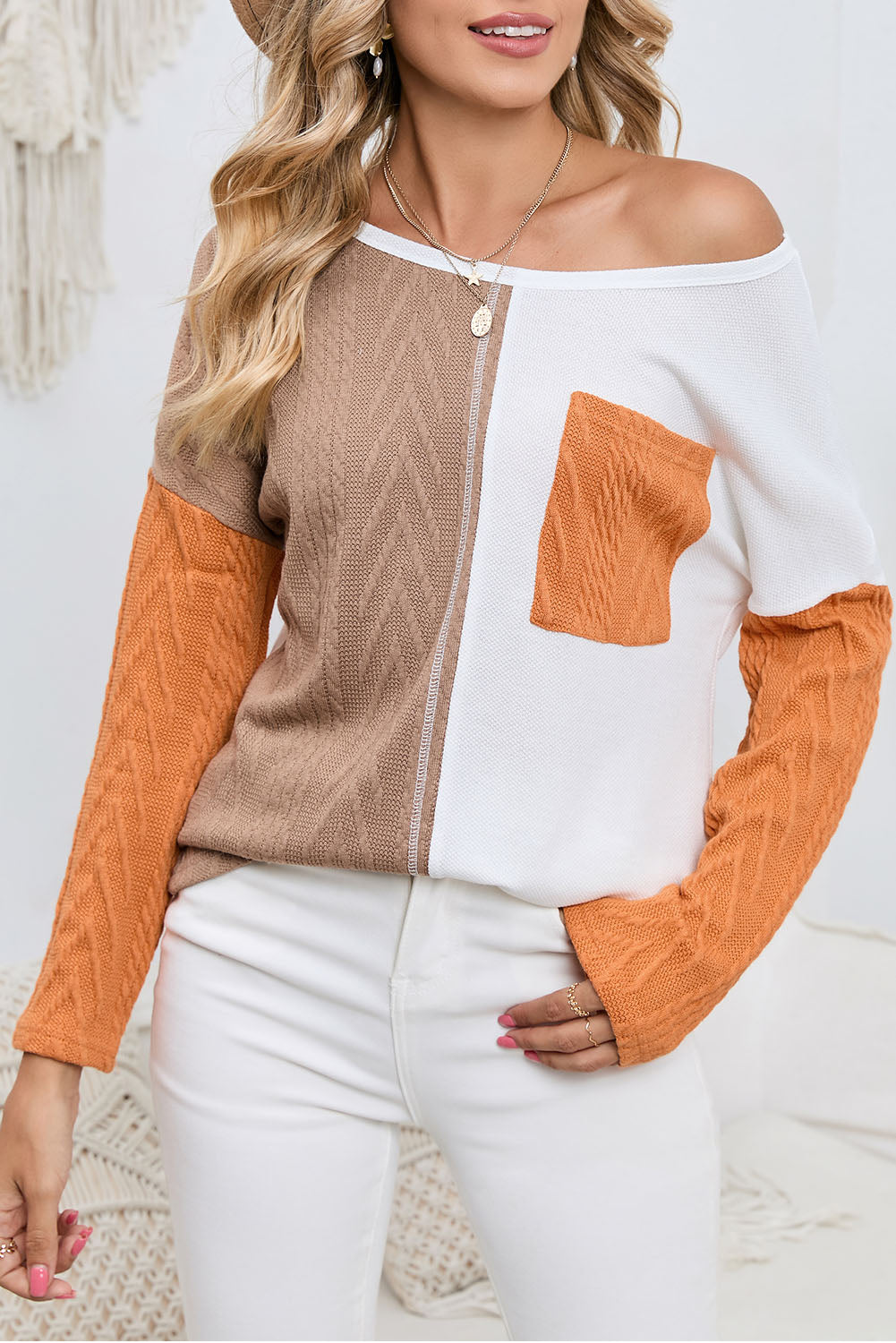 Peach Blossom Long Sleeve Patchwork Pocket Textured Knit Top