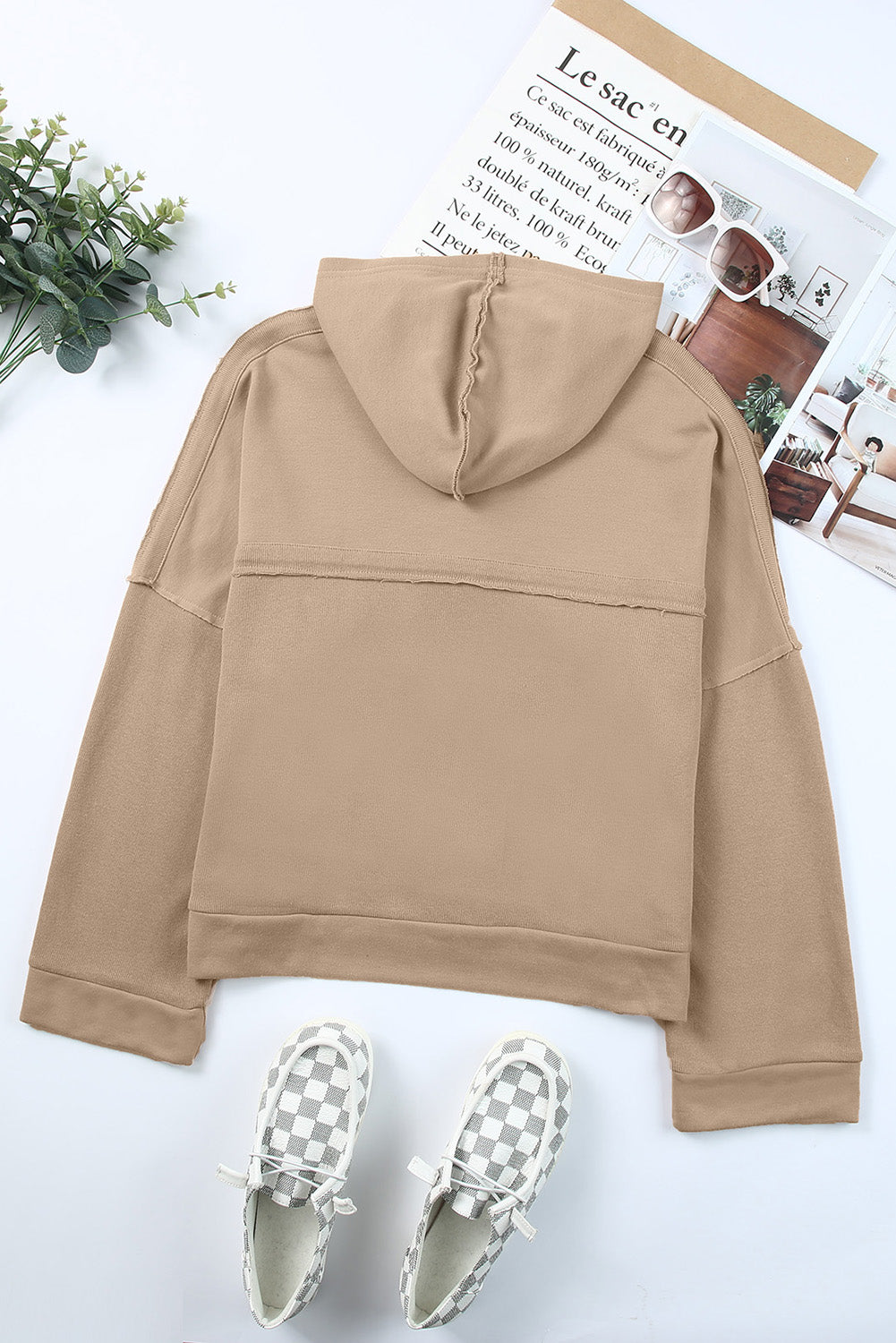 Grey Solid Casual Button Patchwork Trim Hoodie