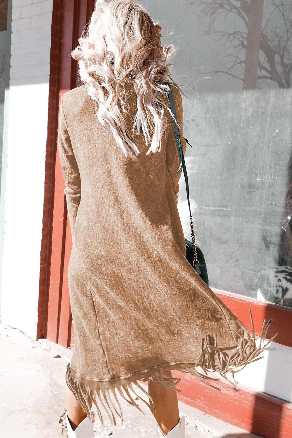 Black Mineral Washed Tassel Open Front Long Cardigan