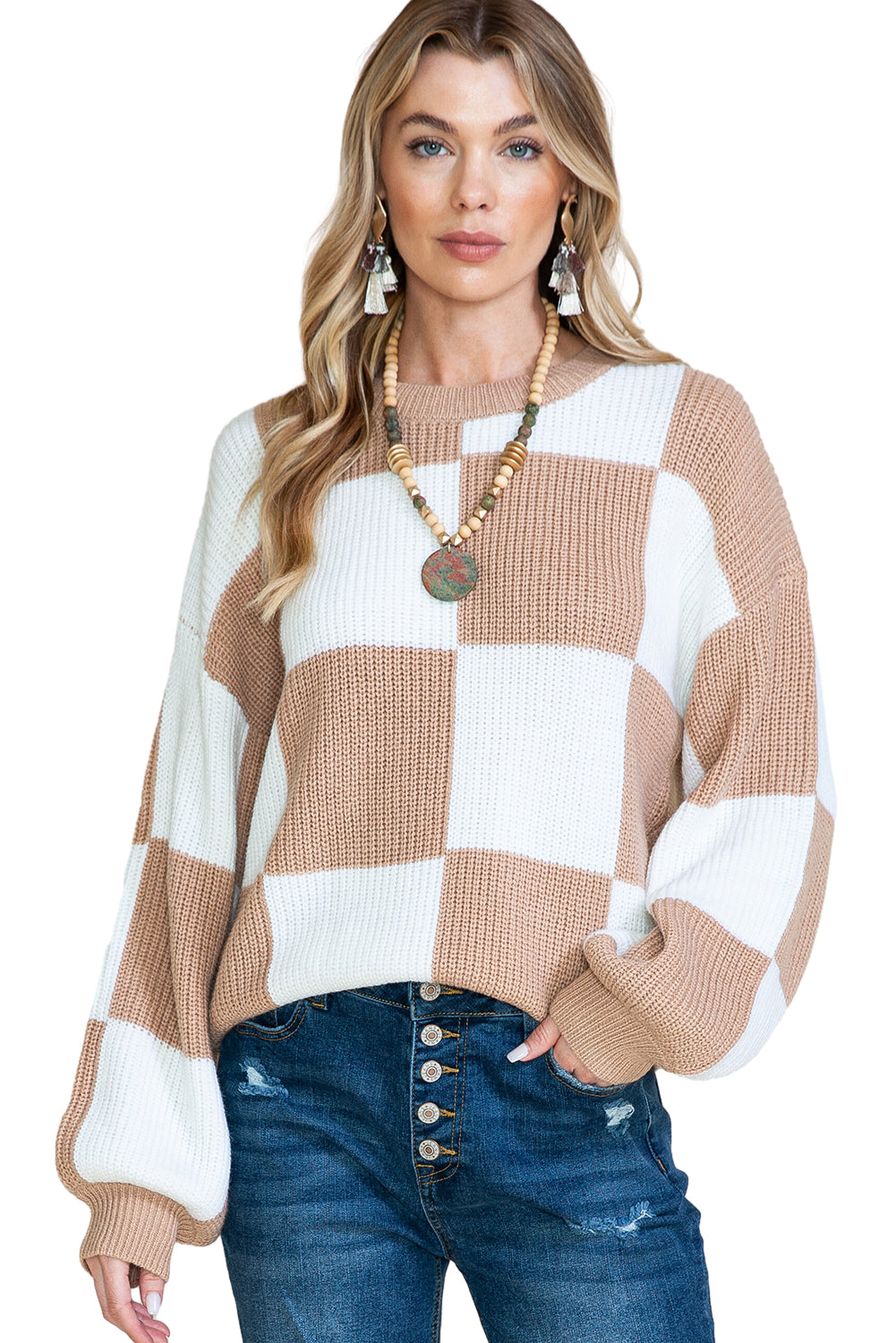 Smoke Gray Checkered Ribbed Knit Lantern Sleeve Sweater