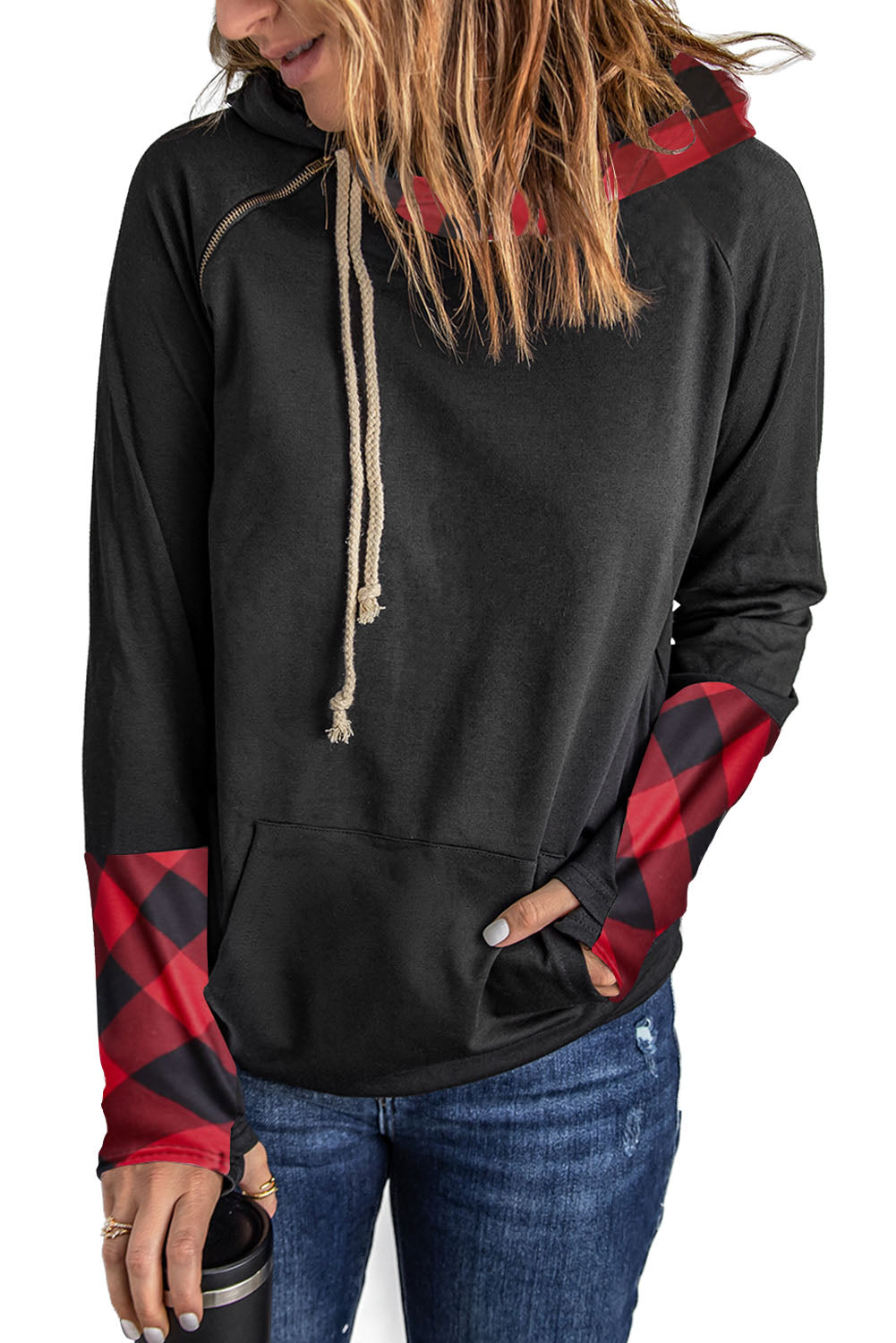 Black Raglan Sleeve Pullover Hoodie With Kangaroo Pocket