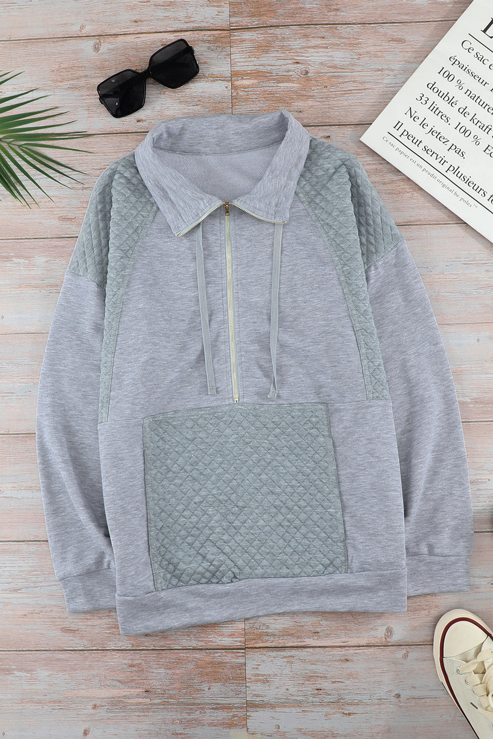 Dark Grey Quilted Kangaroo Pocket Half Zip Sweatshirt