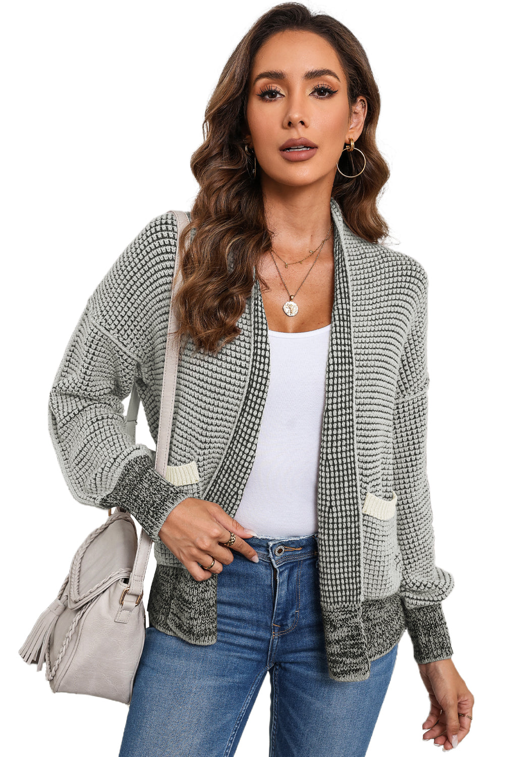 Black Chunky Knit Pockets Drop Sleeve Cardigan