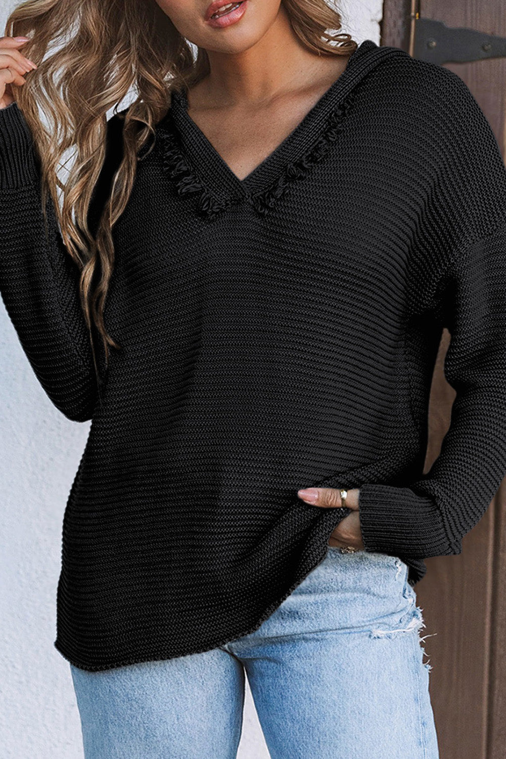 Black Split V Neck Pullover Knit Sweater Hoodie