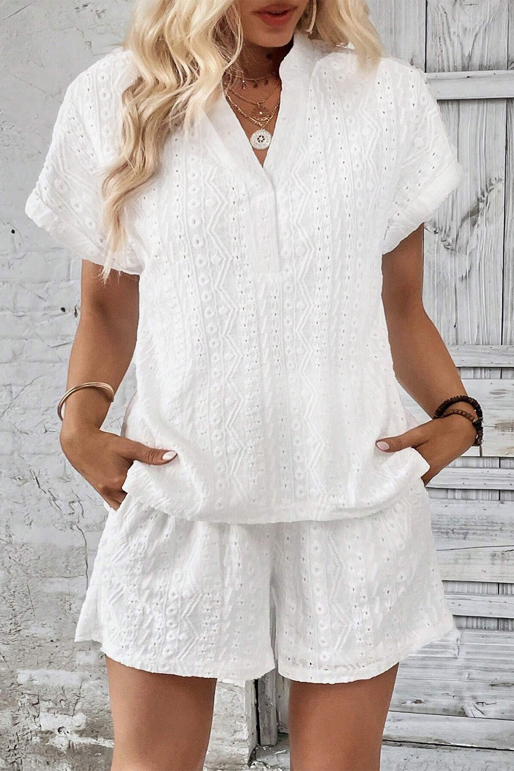 White Eyelets V-neck Blouse and Pockets Shorts Set