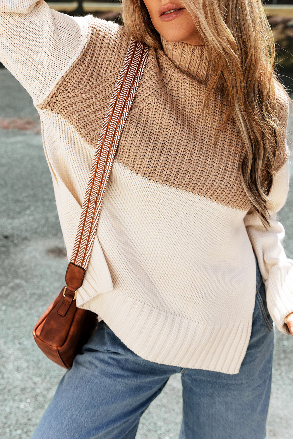 Parchment Cable Knit Patchwork Mock Neck Side Splits Sweater