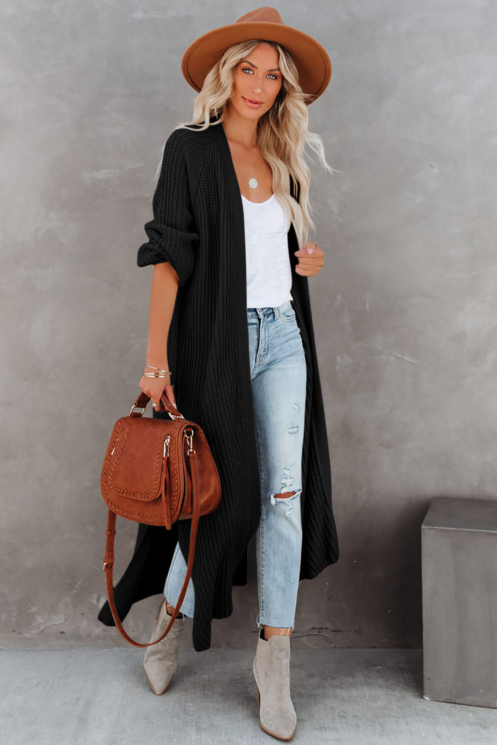 Black Cable Knit Side Slits Open Front Duster Cardigan