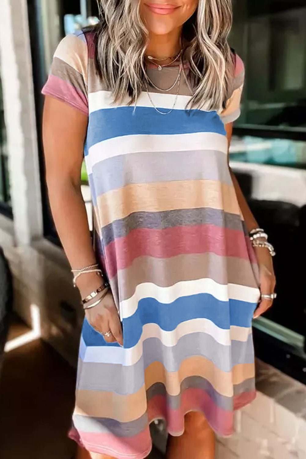 Multicolor Striped Casual Pocket Color Block T Shirt Dress