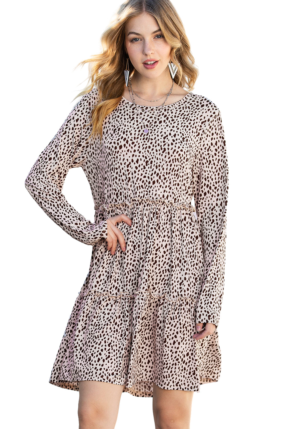 Leopard Animal Print Tiered Long Sleeve Mini Dress