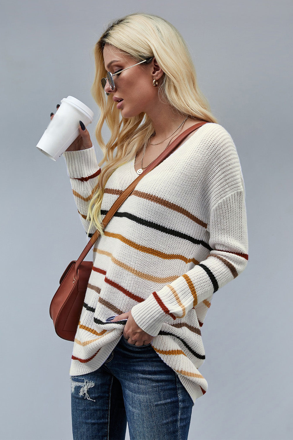 Multicolor Color Block Striped Drop Sleeve Knit Sweater