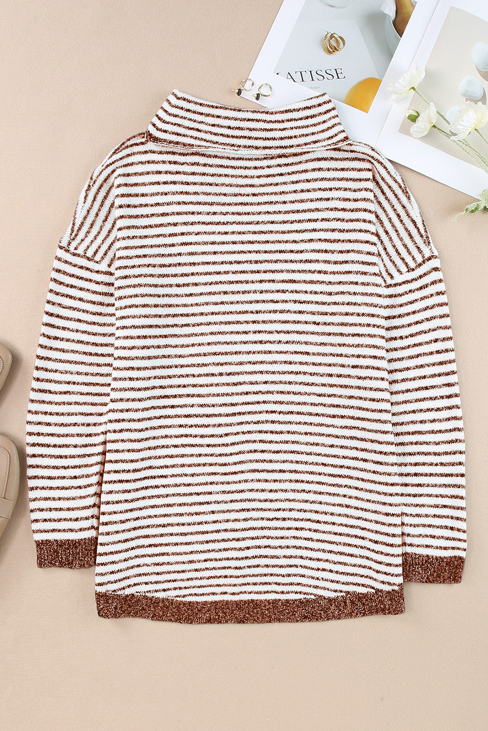 Khaki Striped Turtleneck Oversized Sweater