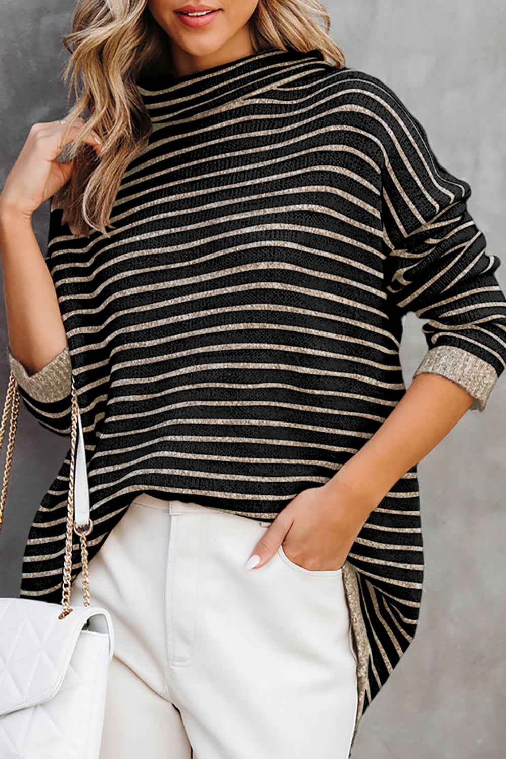 Khaki Striped Turtleneck Oversized Sweater