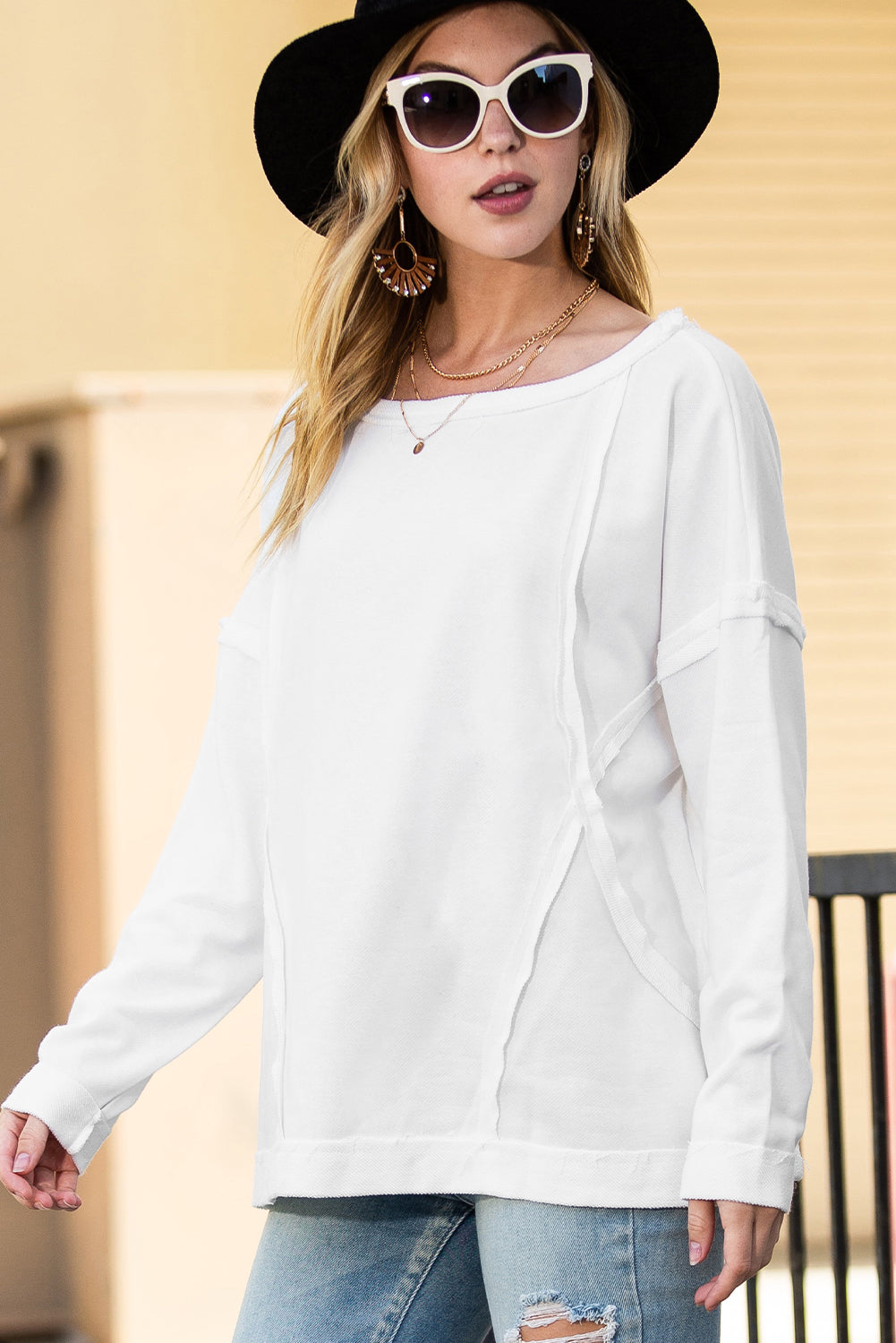 White Drop Shoulder Exposed Seam Oversized Sweatshirt