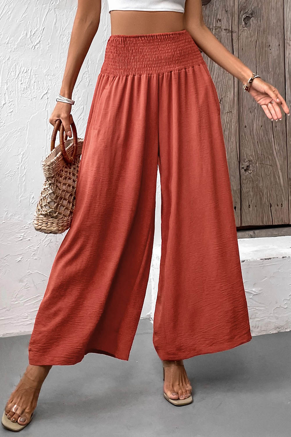 Black Smocked Pockets High Waisted Beach Pants