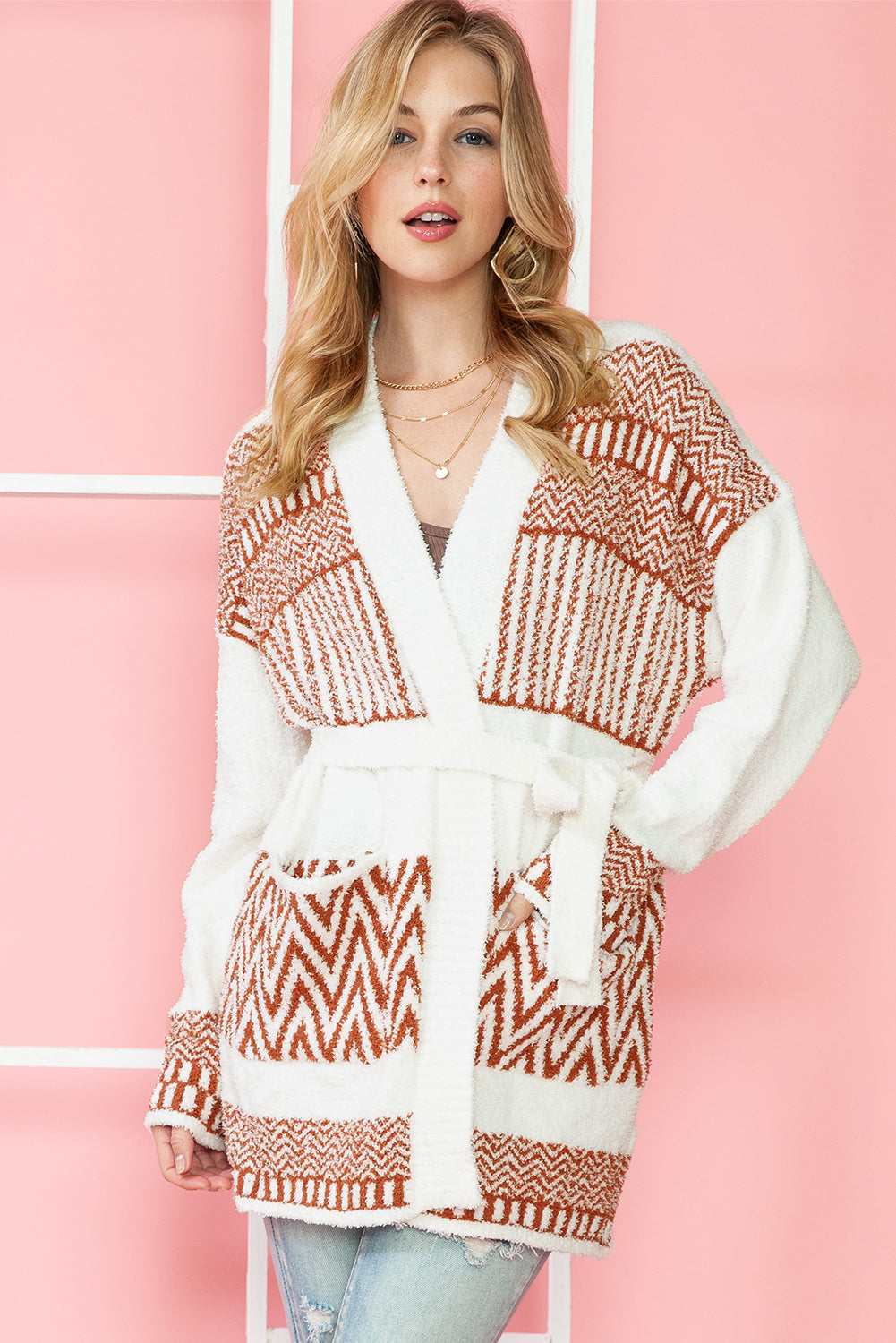 White Geometric Print V Neck Belted Cardigan