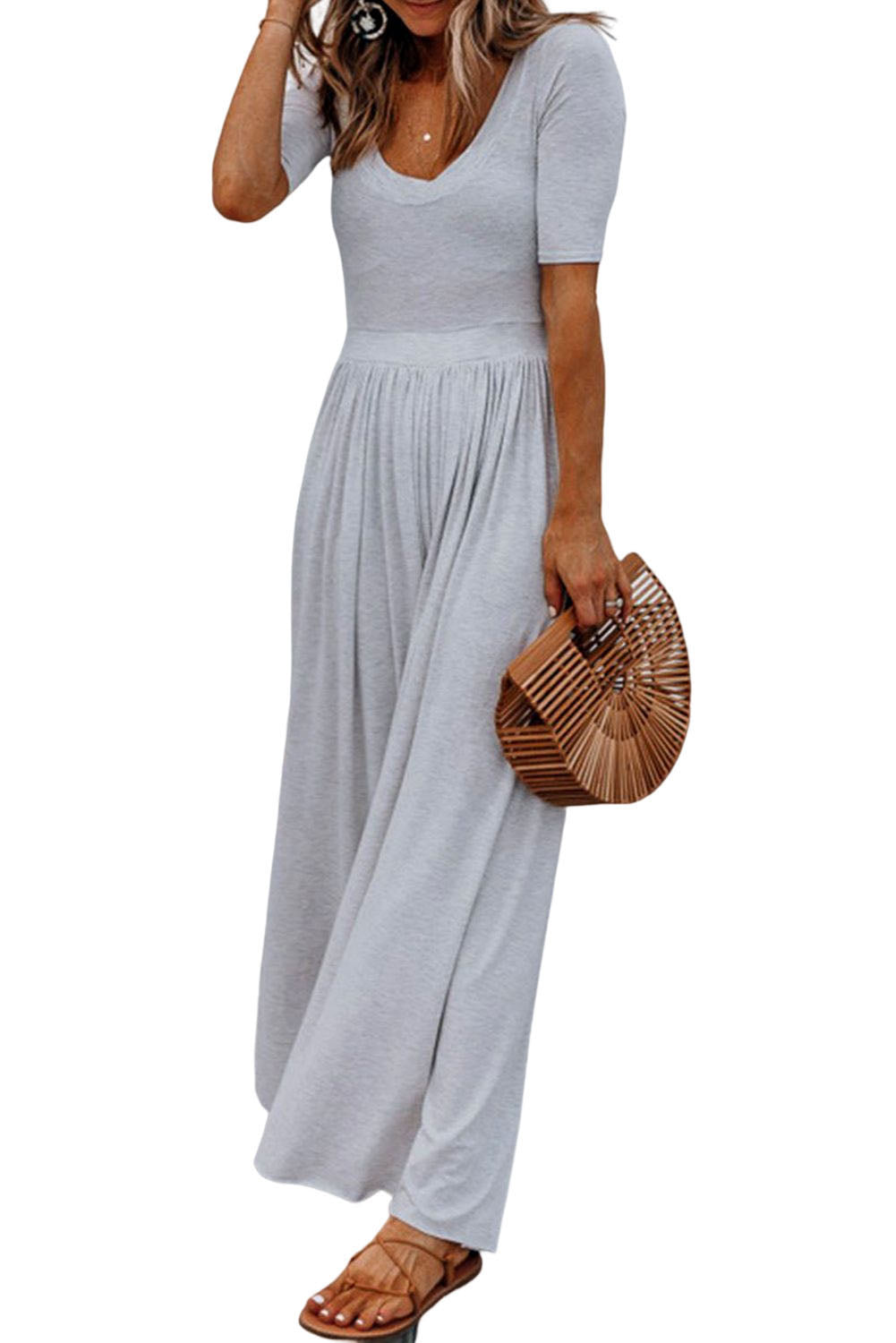 Gray Plain Basic Short Sleeve Wide Leg Jumpsuit