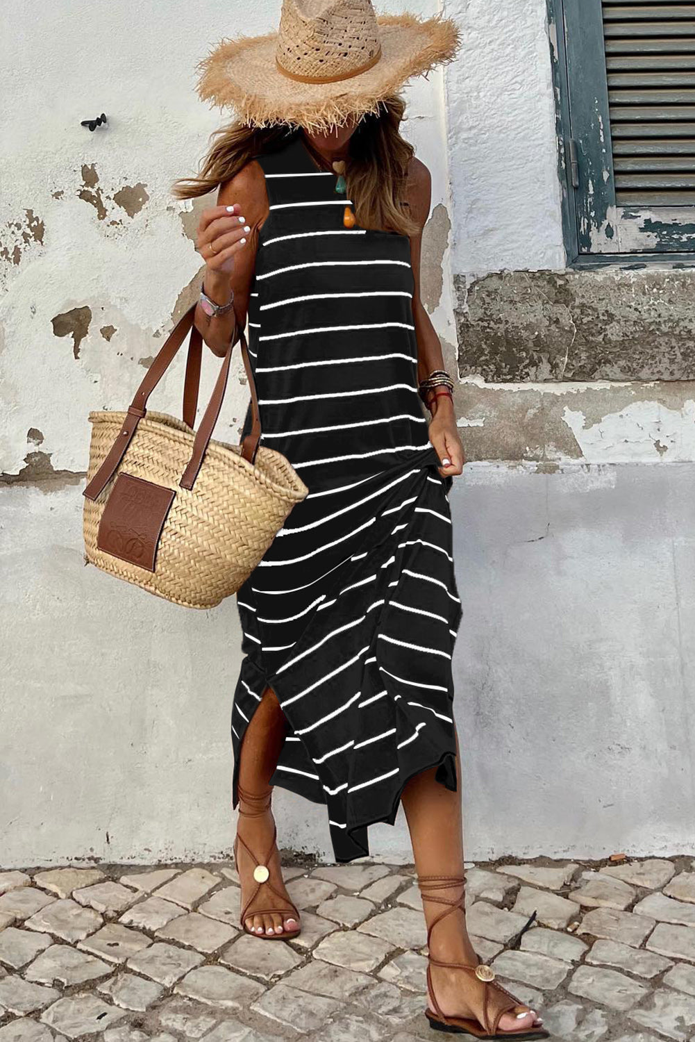 Grey Striped Backless Casual Side Slits Maxi Dress