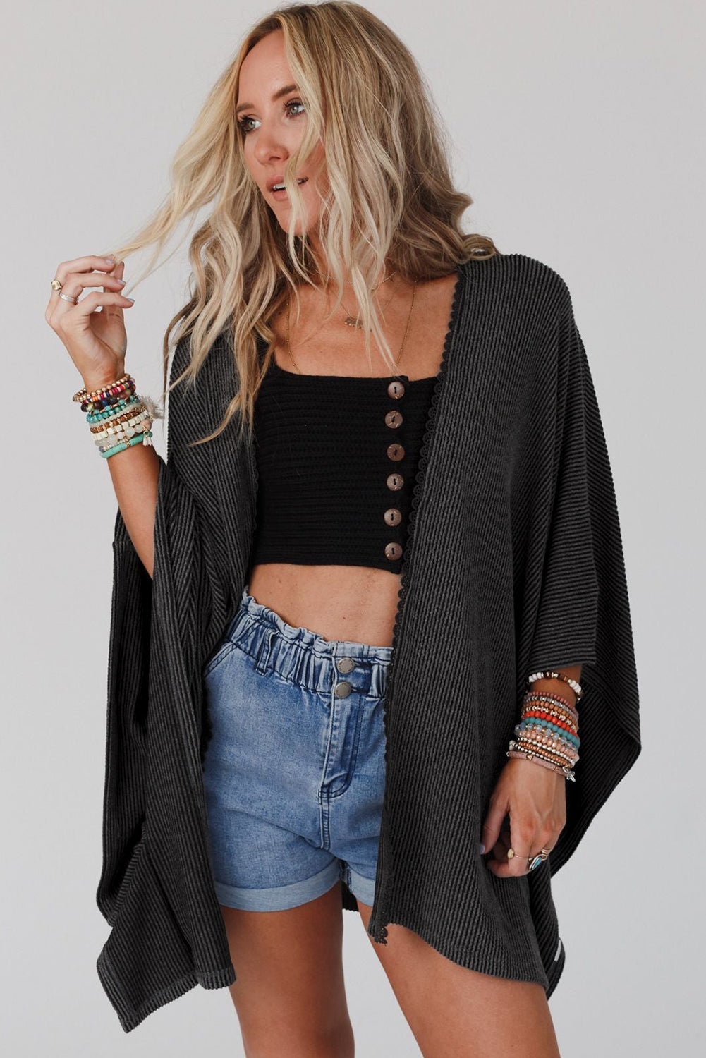 Apricot Textured Lace Trim Open Front Kimono Cardigan