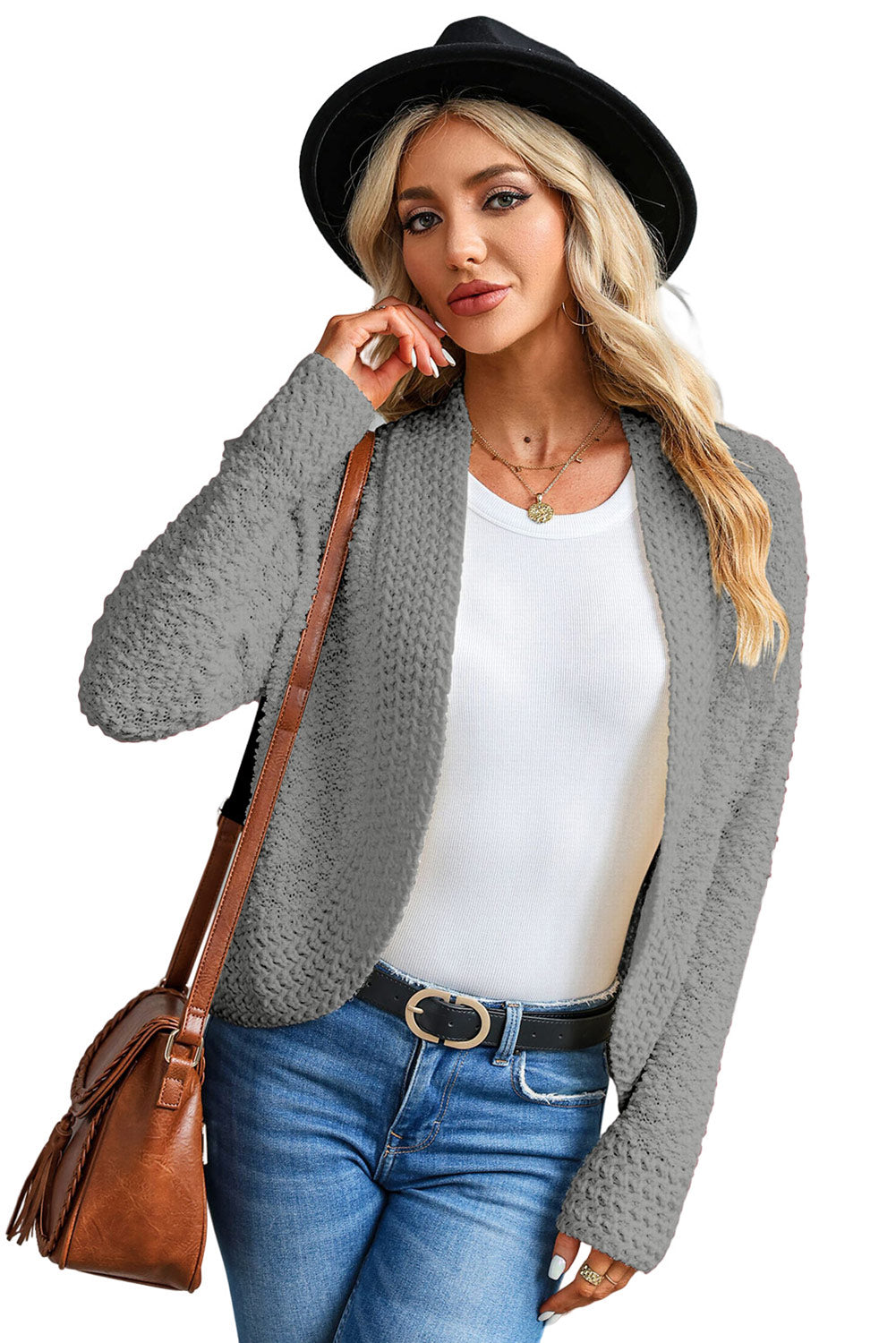 Gray Popcorn Knit Open Front Cardigan