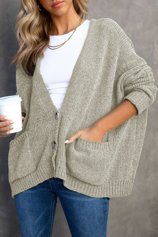 Gray Button Front Pocketed Loose Fit Cardigan