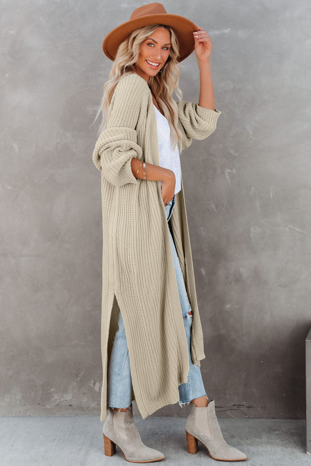 Black Cable Knit Side Slits Open Front Duster Cardigan