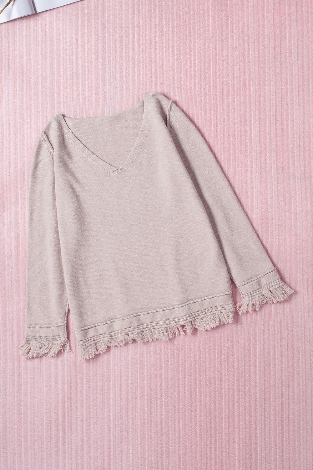 Apricot Pullover Fringe Hem V Neck Sweater