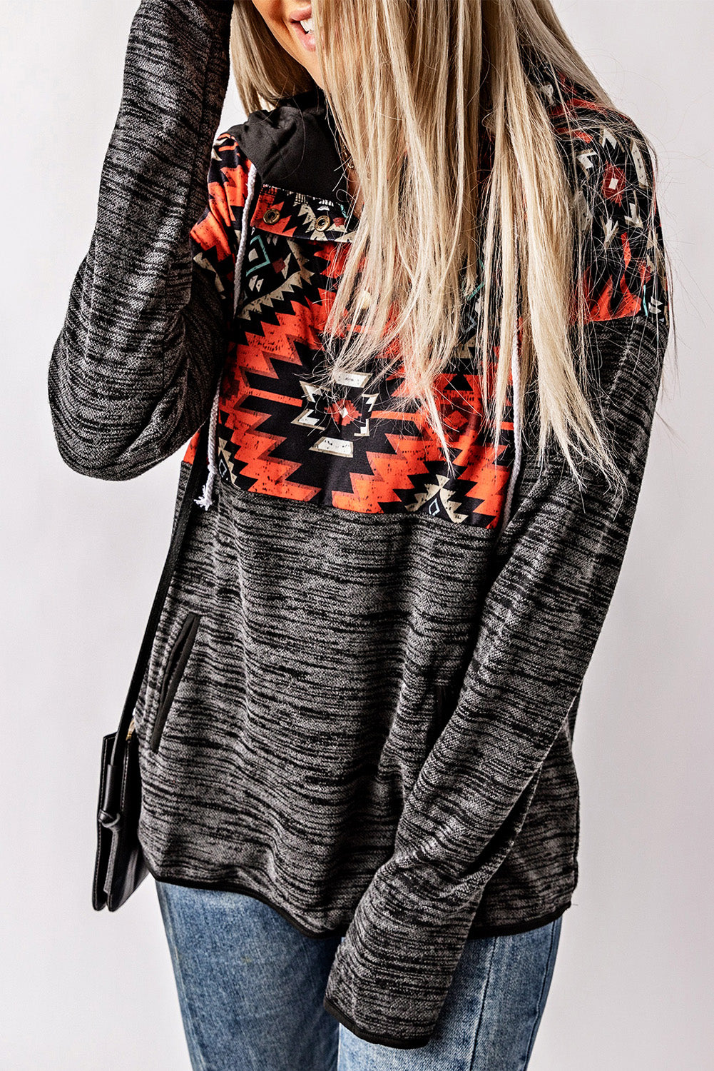 Black Tribal Geometric Print Hoodies with Pocket