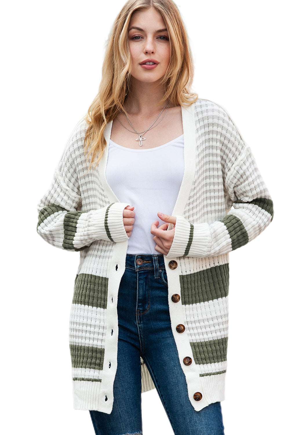 Black Striped Textured Knit Buttoned Cardigan