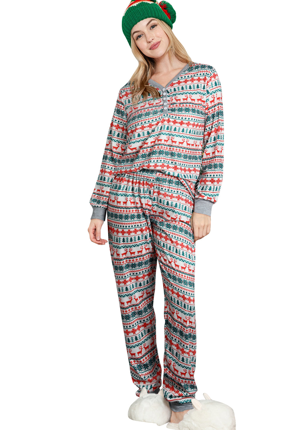 White Christmas Print Henley Top and Pants Loungewear Set