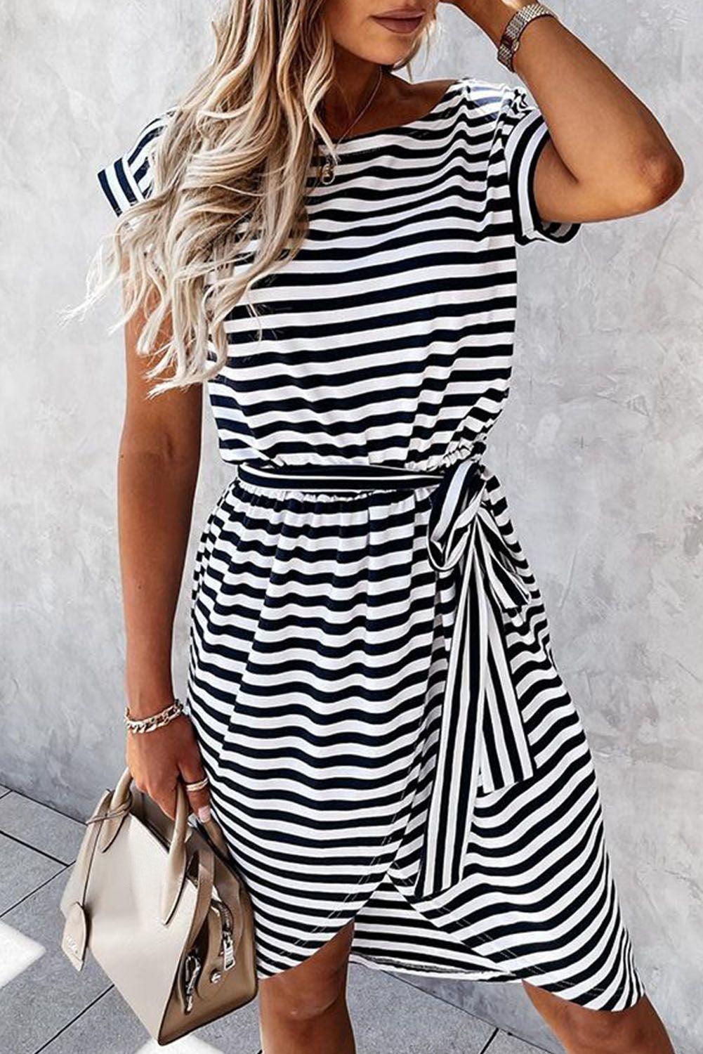 Khaki Stripe Belted Wrapped Hemline T-Shirt Dress