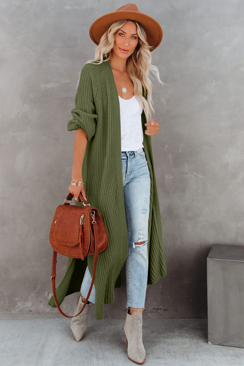 Black Cable Knit Side Slits Open Front Duster Cardigan