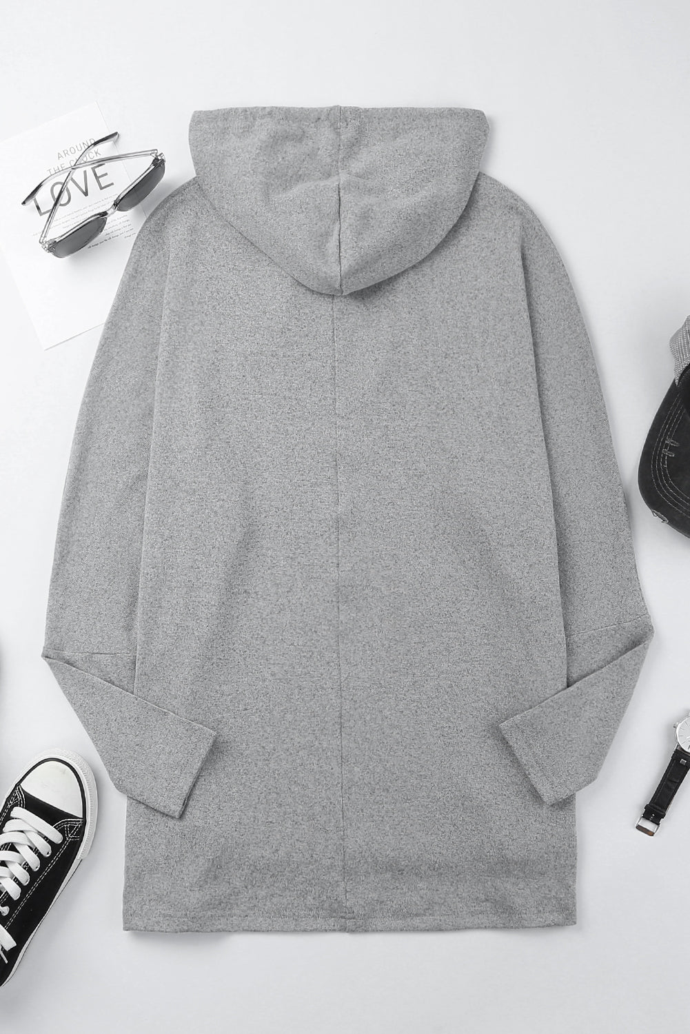 Grey Solid Color Casual Loose Drawstring Hoodie